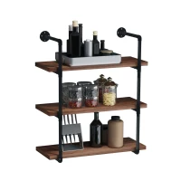 HOMCOM 3-Tier Industrial Pipe Shelves, Floating Wall Mounted Bookshelf, Metal Frame Display Rack for Living Room or Bedroom, Rustic Brown(m-11)