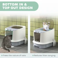 PawHut Enclosed Cat Litter Box with Lid, Scoop, Top Entry, Deodorization Bags, Drawer Type Cat Litter Tray, Easy to Clean, Grey(m-6)