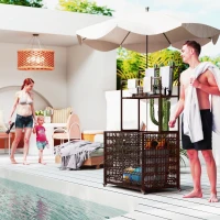 Outsunny Wicker Pool Float Storage Organizer, PE Rattan Pool Float Holder with Basket Shelf Towel Bars, Rolling Pool Caddy for Floaties, Noodles, Life Vests, Beach Balls, Mixed-Brown(m-2)