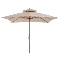 Outsunny 10x10ft Wood Square Patio Umbrella Garden Market Parasol Sunshade Canopy with 2 Pulley Pagoda Style, Khaki(m-2)