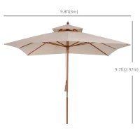 Outsunny 10x10ft Wood Square Patio Umbrella Garden Market Parasol Sunshade Canopy with 2 Pulley Pagoda Style, Khaki(m-3)