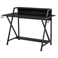 HOMCOM Racing Gaming Desk Carbon Fiber Style Computer Table with Elevated Monitor Shelf, Headphone Hook and Cup Holder, Black(m-10)