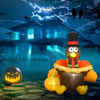 HOMCOM 5ft Inflatable Thanksgiving Turkey Pulls Banner with Pumpkin, Blow Up LED Display for Garden Indoor Outdoor(m-2)