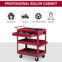 HOMCOM 3-Tier Rolling Tool Cart with Drawer and Side Box, 132 LBS Capacity Steel Utility Cart, Mobile Service Tool Organizer for Garage, Warehouse, Workshop, Red(m-7)