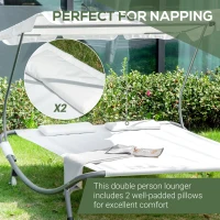 Outsunny Patio Double Chaise, Outdoor Lounge Bed with Canopy and Headrest Pillow, Portable Patio Sunbed Hammock Lounger, Cream White(m-5)