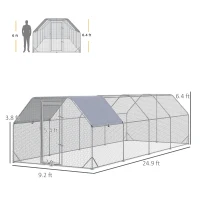 PawHut Large Chicken Coop Metal Chicken Run with Waterproof and Anti-UV Cover, Flat Shaped Walk in Fence Cage Hen House for Outdoor and Yard Farm Use, 1" Tube Diameter, 9.2' x 24.9' x 6.4'(m-3)