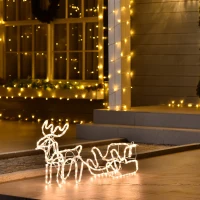 Outsunny 35" Christmas Reindeer and Sleigh with LED Motif Warm White Lighting, Indoor Outdoor Steel Frame Yard Decoration(m-10)