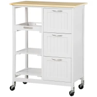 HOMCOM Kitchen Cart, Kitchen Island Coffee Bar Cart on Wheels with Wooden Top, Utility Trolley with 3 Storage Drawers, 2 Shelves, Removable Tray for Dining Room, White(m-11)