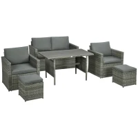 Outsunny Patio Dining Set, PE Rattan Furniture w/ 2 Chairs, Cushions & 3-Seat Sofa, Woodgrain Slatted Dinner Table, Mixed Gray(m-11)