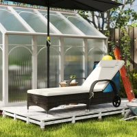 Outsunny Outdoor Chaise Lounge, 5-Level Adjustable Backrest Rattan Pool Lounge Chair with Wheels, Cushion & Headrest, Cream(m-10)