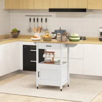 HOMCOM Foldable Kitchen Island with Storage Drawer, Wood Top Coffee Cart on Wheels, Kitchen Cart with Cabinet, White(m-8)