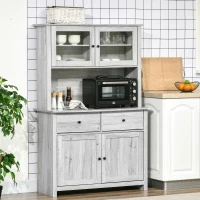 HOMCOM 63.5" Kitchen Buffet with Hutch, Pantry Storage Cabinet with 4 Shelves, Drawers, Framed Glass Doors, Open Microwave Countertop, Ash Grey(m-2)