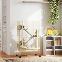 PawHut 47" Small Animal Cage, 4 Levels Large Rolling Metal Ferret Cage w/ 5.9" Deep Tray, Ramps, Water Bottle, Food Dish, Beige(m-10)
