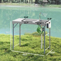 Outsunny Folding Fish Cleaning Table with Sinks, Portable Camping Sink Table with Faucet, Drainage Hose, Sprayer, Shelf, Drawer and Storage Basket, Outdoor Fillet Table for Picnic Beach Patio, Gray(m-3)