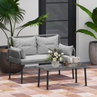 Outsunny 2 Pieces Wicker Patio Furniture Set, Small Patio Seat with Outdoor Loveseat, Glass Top Table and Cushions, Light Grey