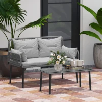 Outsunny 2 Pieces Wicker Patio Furniture Set, Small Patio Seat with Outdoor Loveseat, Glass Top Table and Cushions, Light Grey(m-1)