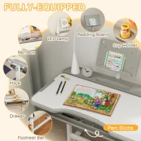 Qaba Kids Desk and Chair Set Height Adjustable Student Writing Desk Children School Study Table with Tilt Desktop, Grey(m-5)