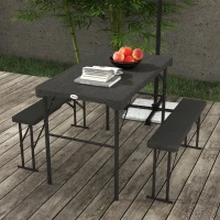 Outsunny Folding Picnic Table with 2 Benches, 3-Piece Portable Outdoor Picnic Table Bench Set for 4, Patio Dining Table Set with Plastic Top, Steel Frame for Garden, Dark Grey(m-1)