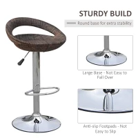 HOMCOM Set of 2 Pub Bar Stools Rattan Wicker Chair Chrome Finish Adjustable Swivel Seat, Deep Brown(m-5)