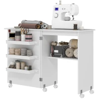 HOMCOM Sewing Machine Cabinet, Folding Sewing Table with Storage Shelf, Bins and Lockable Wheels for Small Space, White(m-2)