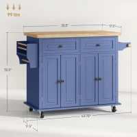 HOMCOM Kitchen Island on Wheels, Rolling Cart with Rubberwood Top, Spice Rack, Towel Rack and Drawers, Navy Blue(m-3)