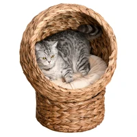 PawHut Handwoven Elevated Cat Bed with Soft Cushion & Egg Chair Shape, Basket Bed Kitty House with Stand, Raised Wicker House for Indoor Cats, 23.5" H, Light Brown(m-11)