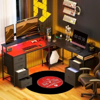 HOMCOM 66" Reversible L Shaped Computer Desk, Corner Desk with File Drawer, Power Outlets and LED Lights, Distressed Black(m-2)