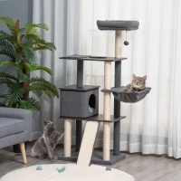 PawHut 58" Cat Tree Huge Kitty Activity Center Cat Climbing Toy Rest Pet Furniture with Sisal Scratching Post Pad Condo Bed Perch Ladder Hanging Ball Dark Grey(m-1)