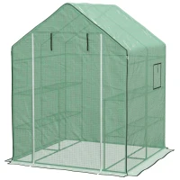 Outsunny 4.6' x 4.7' x 6.2' Walk-in Greenhouse with 3 Tier 8 Shelves, Outdoor Green House with Reinforced PE Cover, Garden Plant Grow Hot House Roll-up Door and Mesh Windows, Green(m-2)