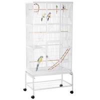 PawHut 71" Bird Cage with Wheels Perches, Ramp, Storage Shelf, Toys for Canaries, Finches, Cockatiels, Parakeets, White(m-11)