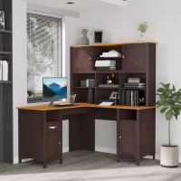 HOMCOM L Shaped Computer Desk with Hutch, 59" Corner Desk, Space Saving Home Office Desk with Storage Shelves, Drawer and Cabinet, Coffee Brown(m-2)
