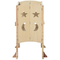 Qaba Wooden Kitchen Step Stool for Kids, Foldable Toddler Tower, Helper Stool for Kitchen Counter with Support Handles Safety Rail, Natural Wood(m-11)