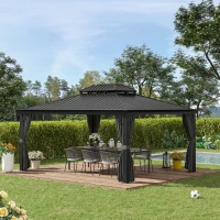 Outsunny 12' x 16' Hardtop Gazebo with Curtains and Netting, Permanent Pavilion Metal Double Roof Gazebo Canopy with Aluminum Frame and Hooks, for Garden, Patio, Backyard, Gray(m-2)