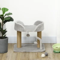 PawHut Cat Tower Condo for Indoor Cats, Small Cat Tree with Jute Scratching Posts, Top Perch, Dangling Balls, Light Grey(m-9)