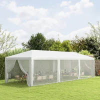 Outsunny 10' x 28' Outdoor Canopy, Party Tent, Garden Sun Shade with 8 Mosquito Mesh Netting and Zipper Door, White(m-8)