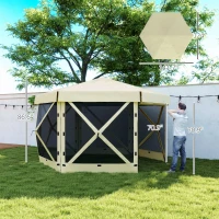 Outsunny 12' x 12' Hexagonal Pop Up Gazebo Canopy Tent with 5 Sidewalls, Outdoor Canopy Shelter with Carry Bag, Beige(m-3)