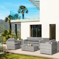 Outsunny 4 Pieces Patio Wicker Sofa Set, Outdoor PE Rattan Extra Wide Seat Conversation Furniture w/ Tempered Glass Table-top & Thick Padded Cushion for Garden, Backyard, Lawn, Mixed Grey(m-9)
