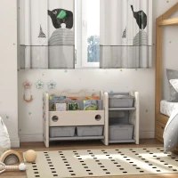 Qaba 2 Tier Kids Toy Storage Organizer with 4 Storage Boxes, Bookshelves, for Kids Room, Nursery, Playroom, Cream White(m-10)