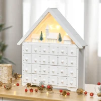 HOMCOM Christmas Advent Calendar, 2022 Light Up Table Xmas Wooden House Holiday Decoration with Countdown Drawer, Village, for kids Adults, White(m-1)