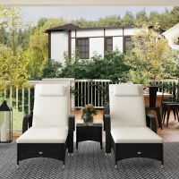 Outsunny Wicker Outdoor Chaise Lounge Chair Set of 3 with Side Table, 5-Level Adjustable Backrest PE Rattan Pool Lounge Chair with Wheels, Cushion & Headrest, Black and Cream White(m-10)