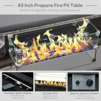 Outsunny Propane Fire Pit Table 43in Outdoor Fire Table, 50,000 BTU Pulse-Ignition Wicker Firepit Furniture with Glass Wind Guard, Blue Glass Rock, CSA Certification, Black(m-4)