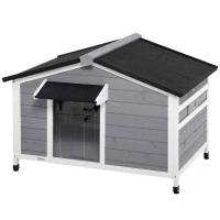 PawHut Wooden Cabin Style Outdoor Dog House with Openable Roof, Removable Bottom, Windows, Curtain, Foot Covers, Gray(m-1)