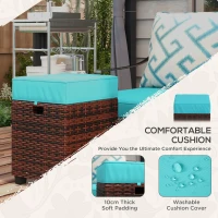 Outsunny 2 PCS Patio Wicker Ottoman Set, Square Outdoor PE Rattan Footrest with Removable Cushion for Backyard, Sky Blue(m-5)