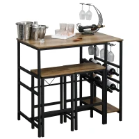 HOMCOM 3 Pieces Bar Table Set, Counter Height Table with 8-bottle Wine Rack and Cup Holder, 2 Stools with Metal Frame for Kitchen, Dining Room, Living Room, Pub(m-11)