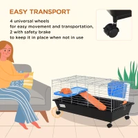 PawHut Small Animal Cage, Rolling Bunny Cage, Guinea Pig Cage with Food Dish, Water Bottle, Hay Feeder, Platform, Ramp, Black(m-5)