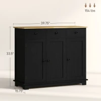 HOMCOM Kitchen Storage Cabinet, Sideboard Floor Cupboard with Solid Wood Top, Adjustable Shelf, and 3 Drawers, Black Wood Grain(m-3)