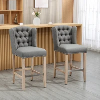 HOMCOM Counter Height Bar Stools Set of 2, 27" Seat Height Upholstered Barstools, Farmhouse Kitchen Island Stools with Nailhead-Trim, Tufted Back and Wooden Legs, Light Gray(m-2)