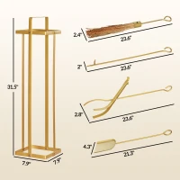 Outsunny 5 Piece Metal Fireplace Tools Set with Brush Broom, Poker, Shovel, Tongs, and Stand for Indoor or Outdoor, Gold(m-3)