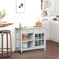 HOMCOM Rolling Kitchen Island with Storage, Kitchen Cart with Solid Wood Top, Glass Door Cabinet, Adjustable Shelf, Towel Rack, 2 Drawers for Dining Room, Gray(m-2)