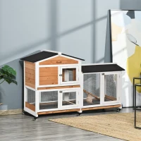 PawHut 62" Wooden Rabbit Hutch with Wheels, Run Box, Tray, Ramp for Small Animals, Guinea Pig, Indoor Outdoor Use, Yellow(m-8)